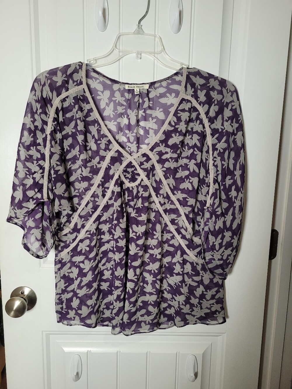 Purple Butterfly-Print V-Neck Blouse with Cream Trim. Size L